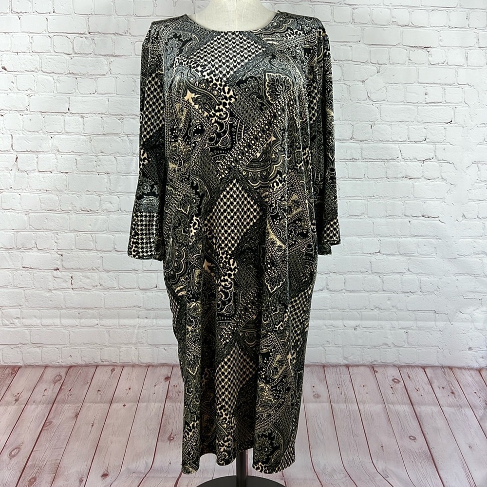 Serengeti Black Tan Paisley Plaid Bell Sleeve Sheath Midi Dress Size 1X Plus